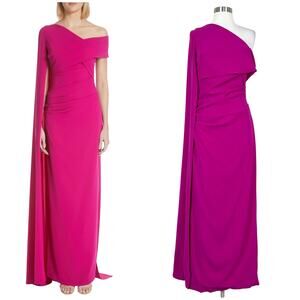 Talbot Runhof | Magenta Pink Cape One Shoulder Long Formal Designer Gown Dress 6